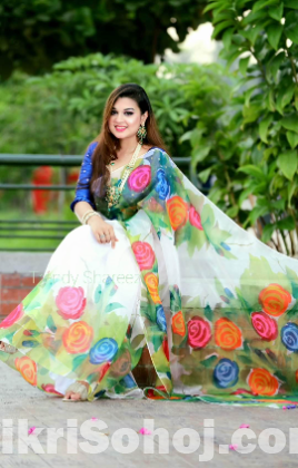 Half Silk Saree With Handprint